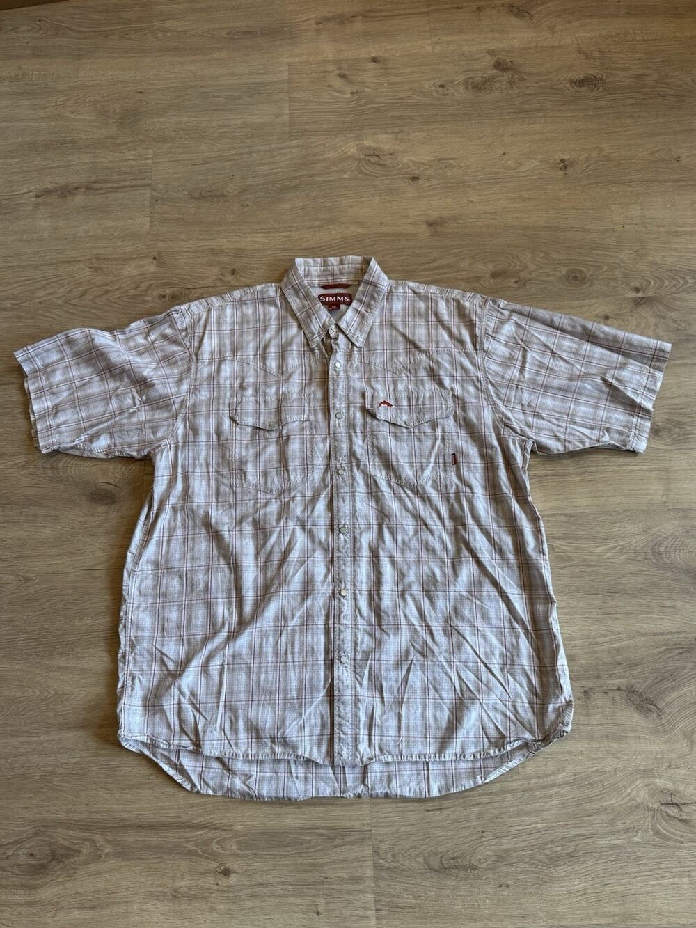 Simms Mens XXL Tan Red Plaid Fishing Shirt Snap Front Vented Performance Travel